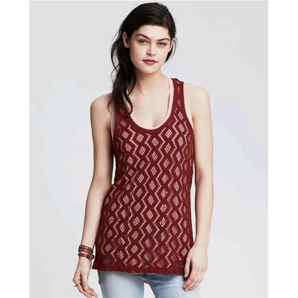 Y2K Banana Republic Womens Burgundy Red Diamond Crochet Knit Racerback Tank M